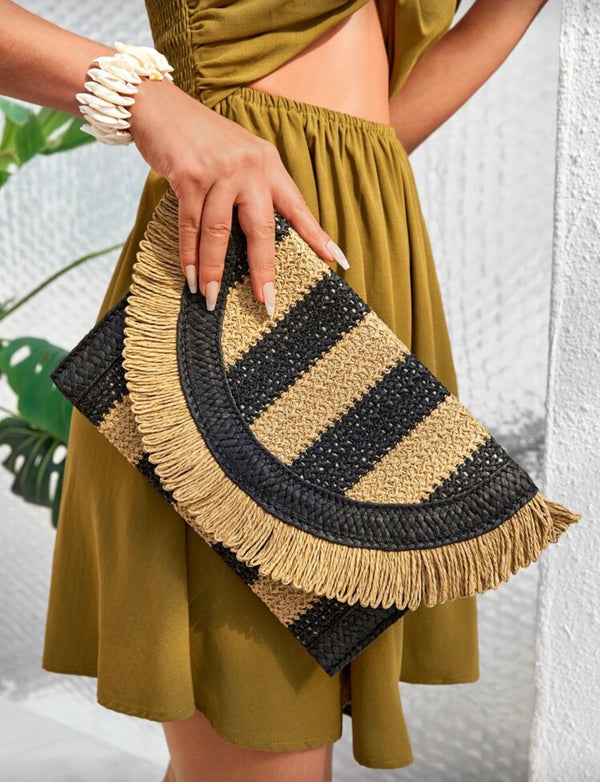 Striped Raffia Clutch