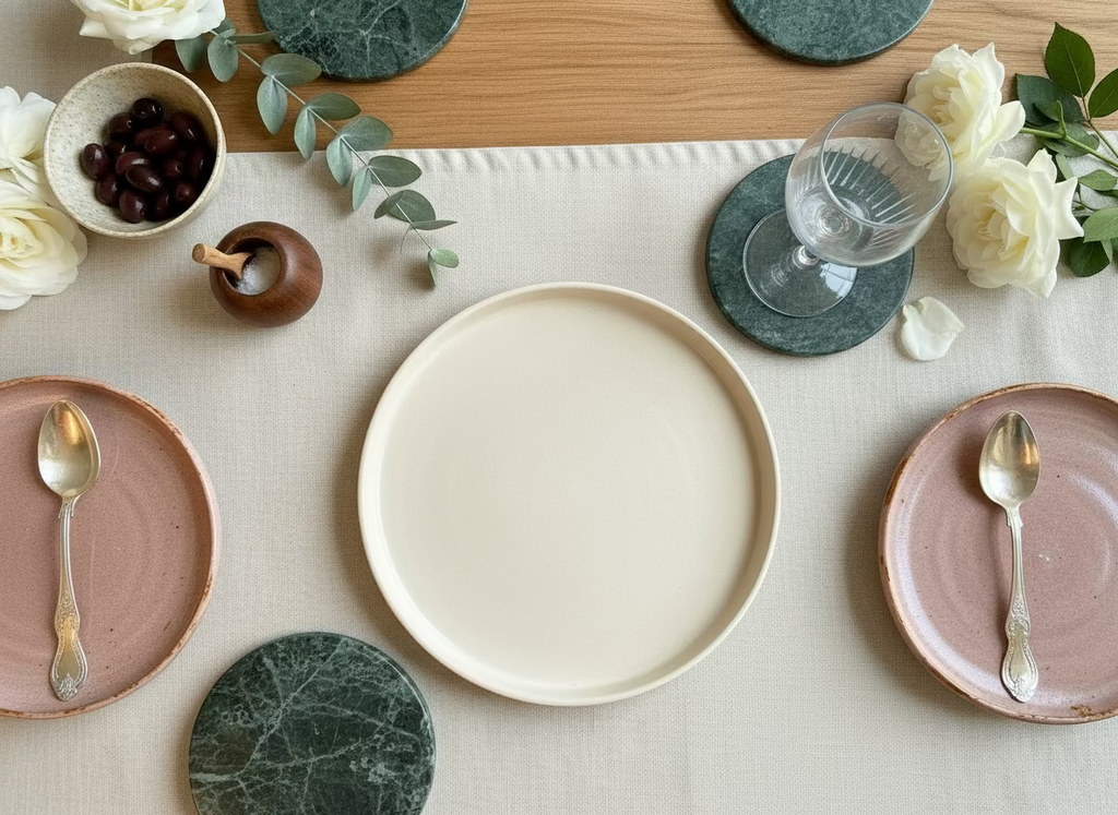 Round green stone with a textured surface on a reflective surface