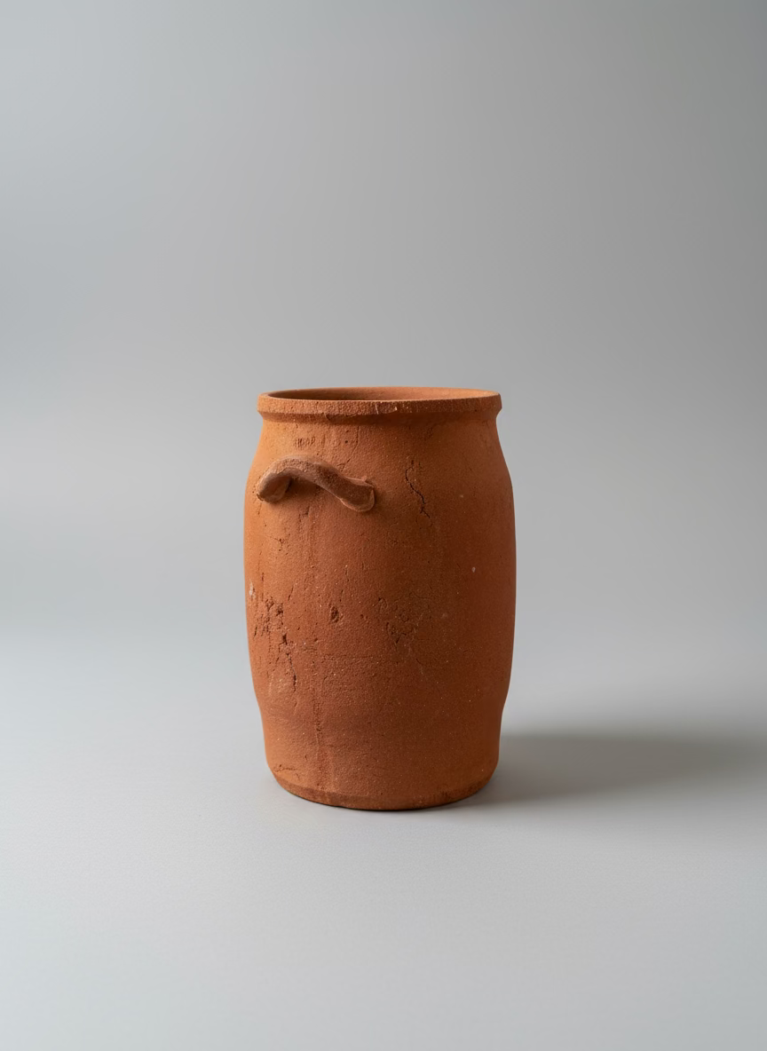 Terracotta jar with a handle on a glass surface near a window