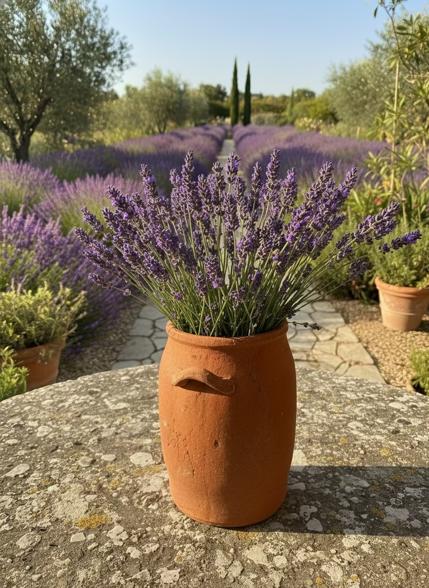Terracotta jar with a handle on a glass surface near a window