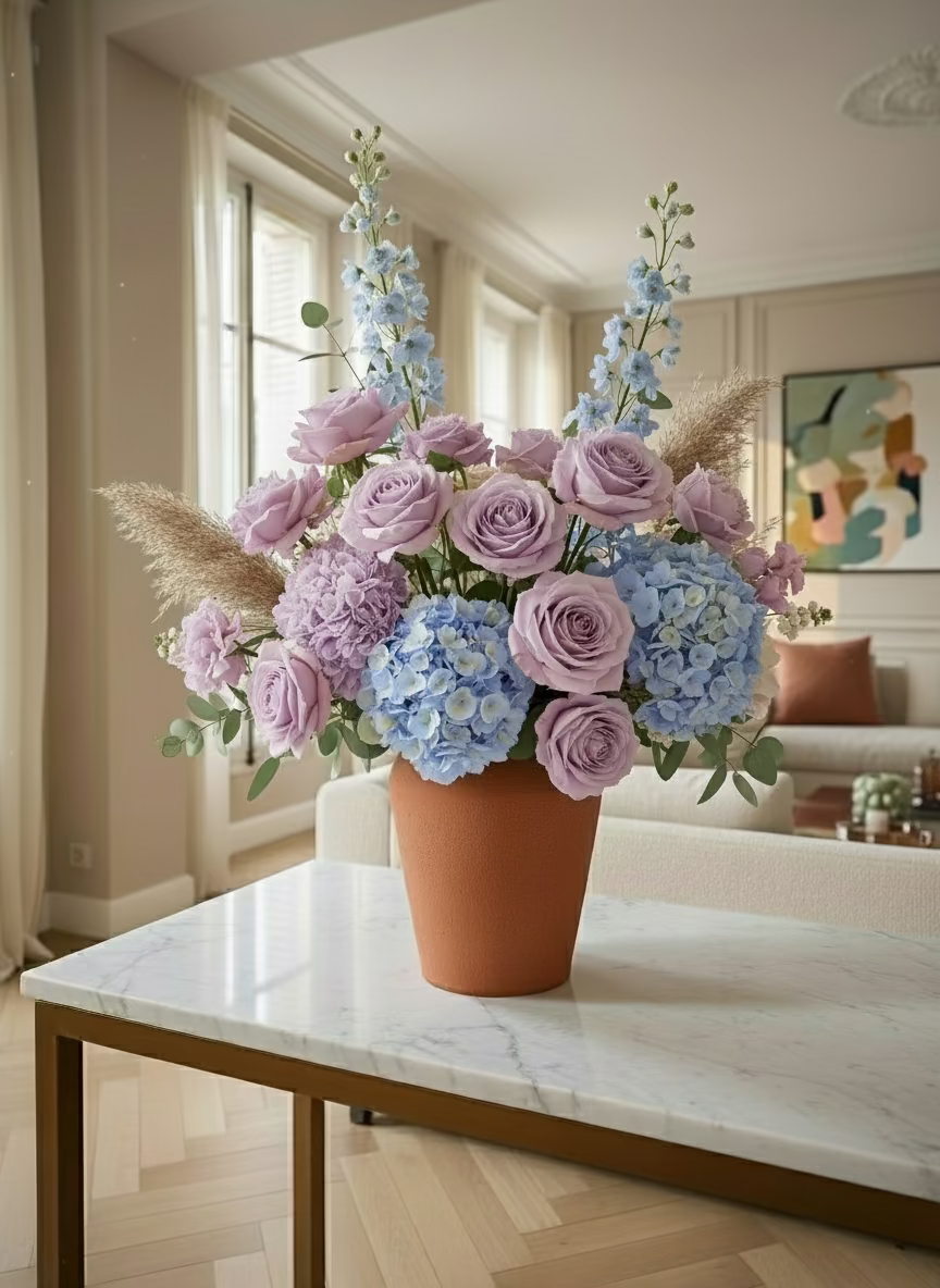 Terracotta pot with lavender plant in a garden setting