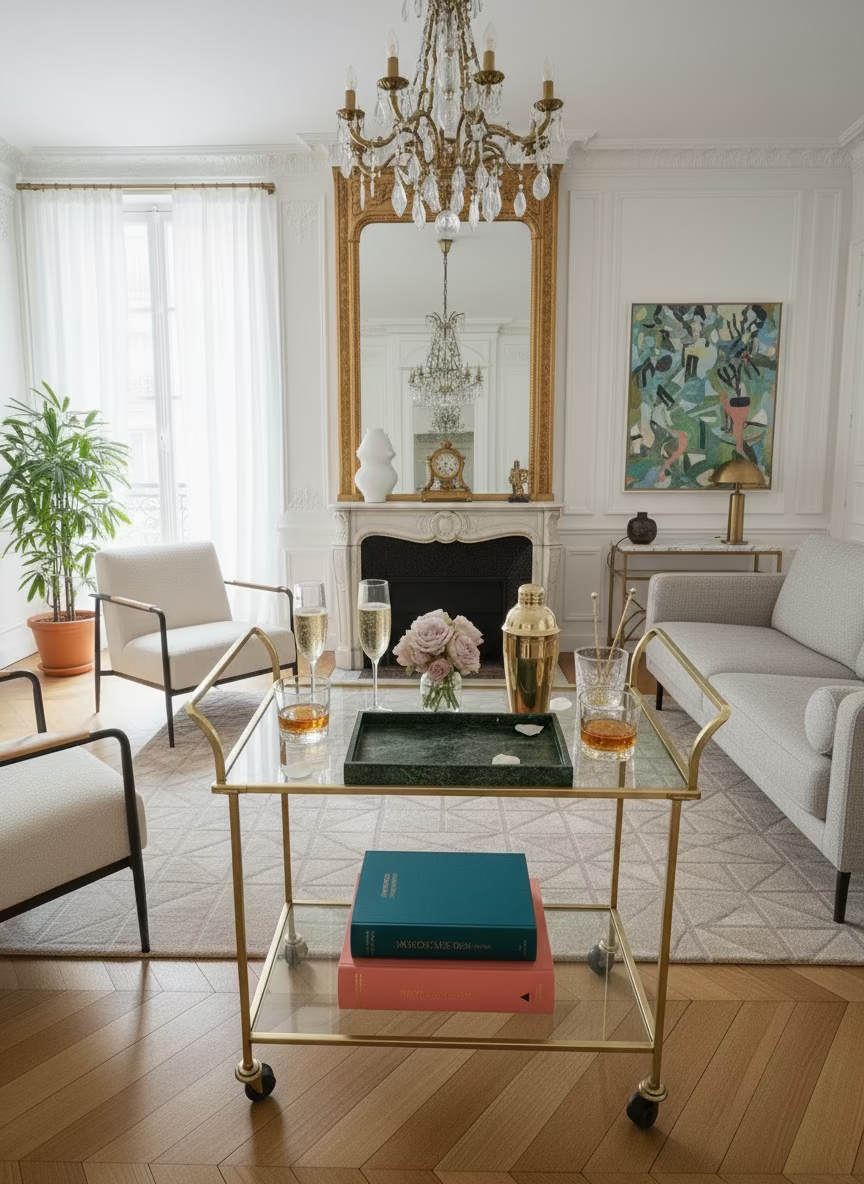 Living room with a gold coffee table, books, and decorative items.