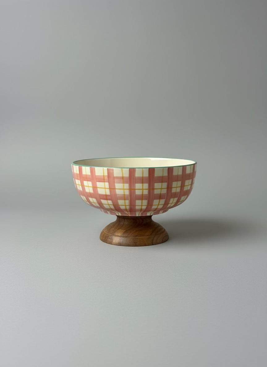 Decorative plaid bowl on a surface near a window