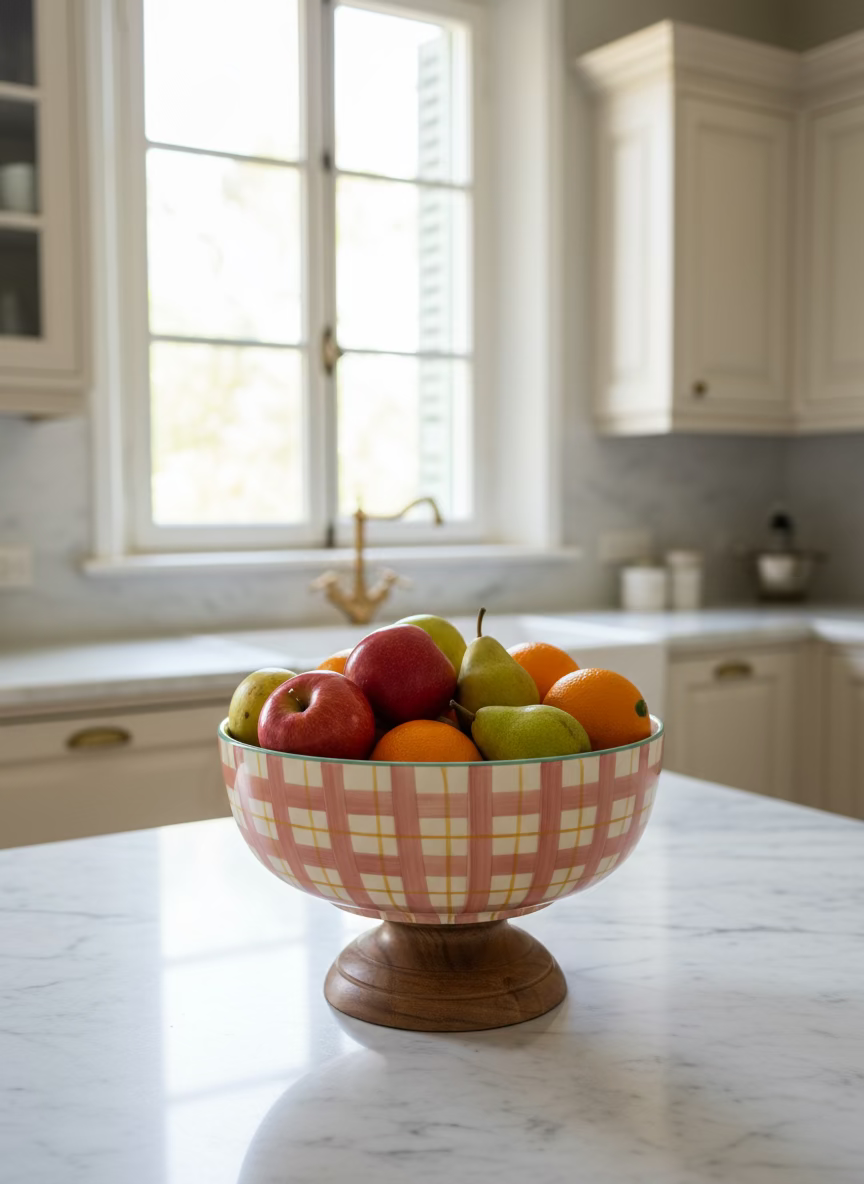Decorative plaid bowl on a surface near a window