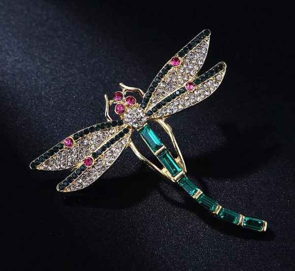 Emerald Rhinestone Dragonfly Brooch