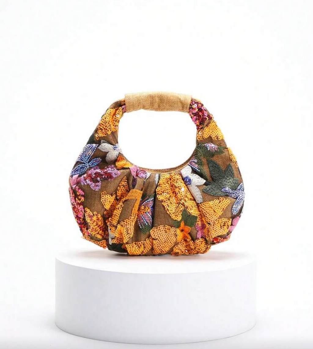 Embroidered Floral Sequin Handle Bag