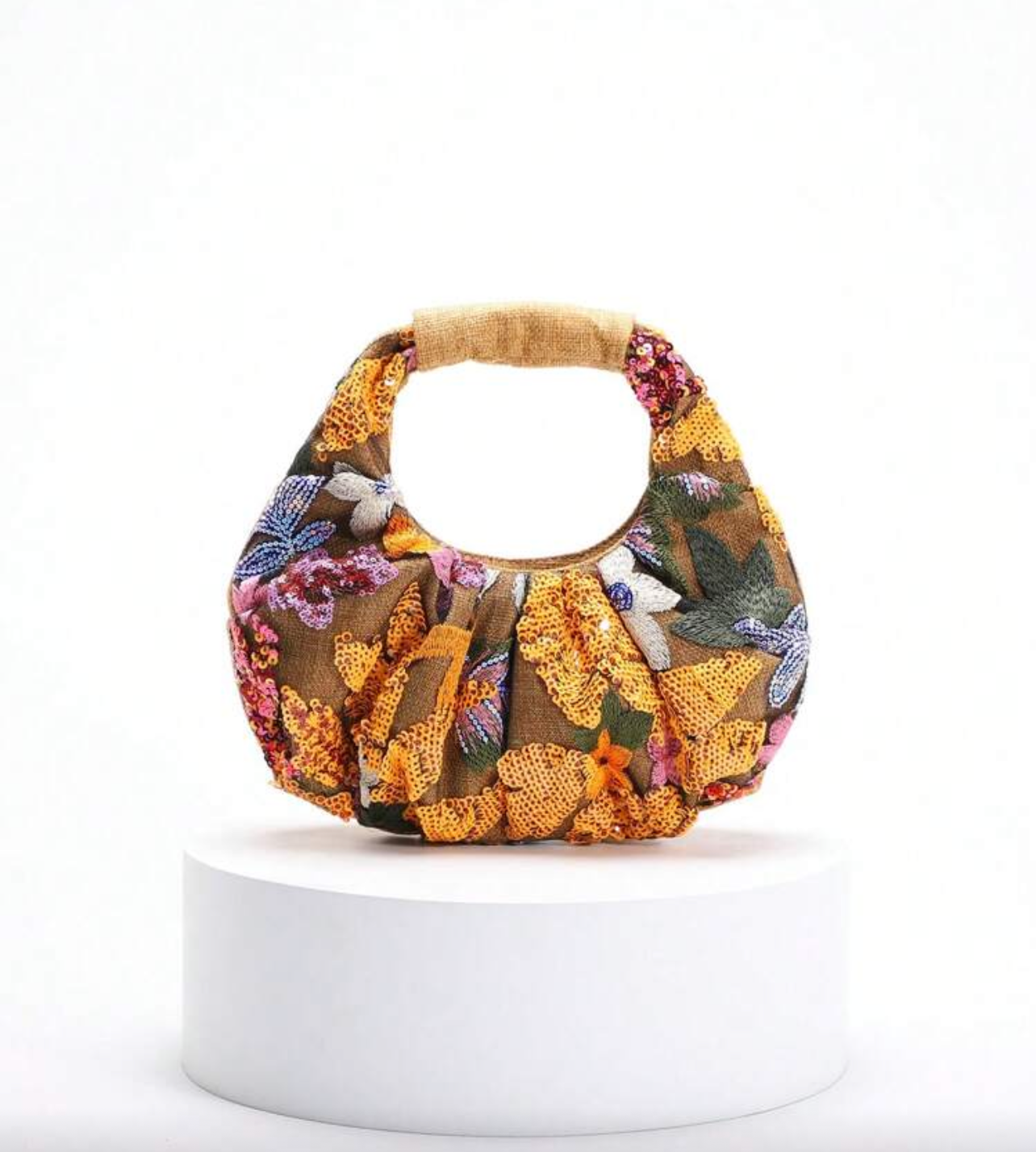 Embroidered Floral Sequin Handle Bag