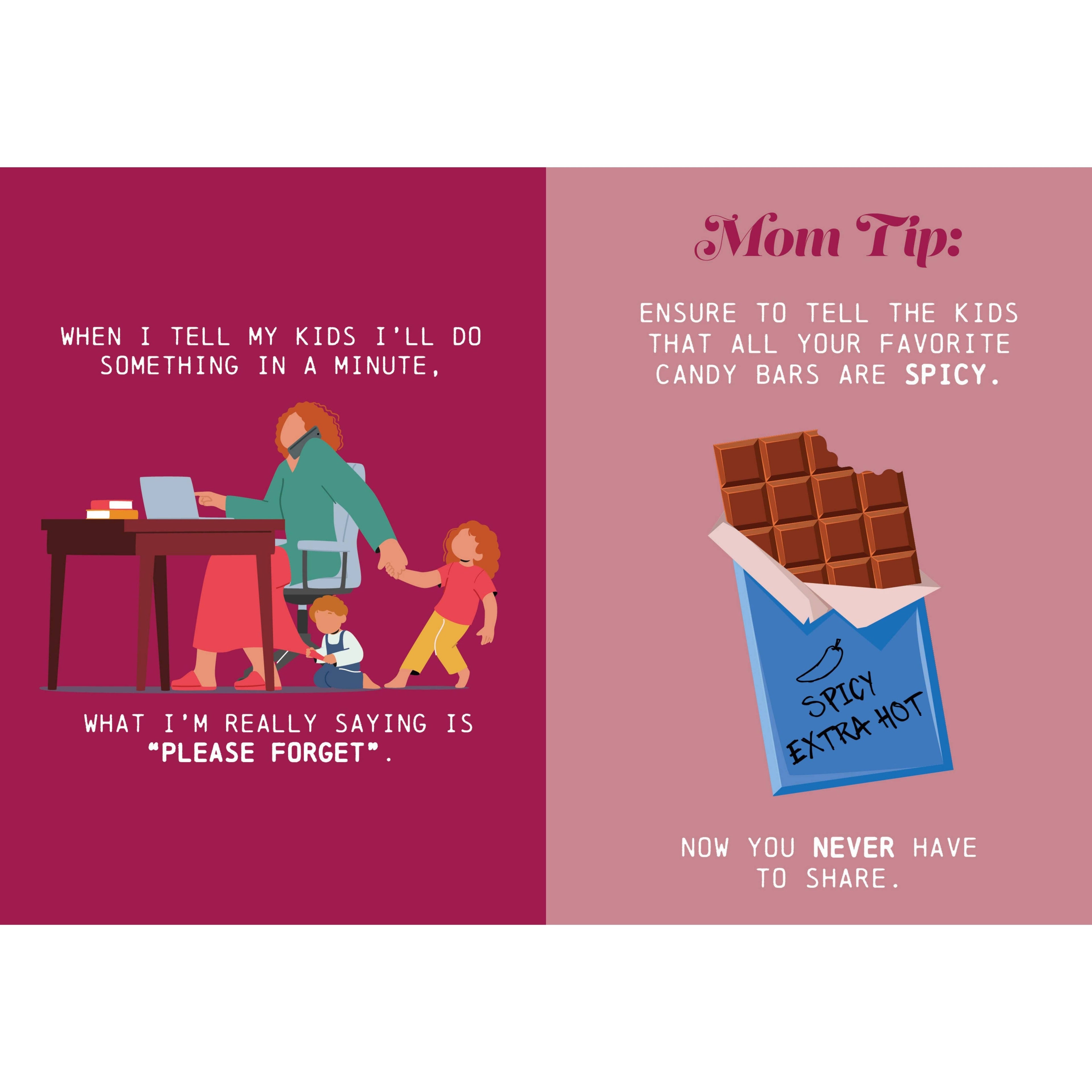 Cartoon illustration with text and a candy bar packaging on a pink background